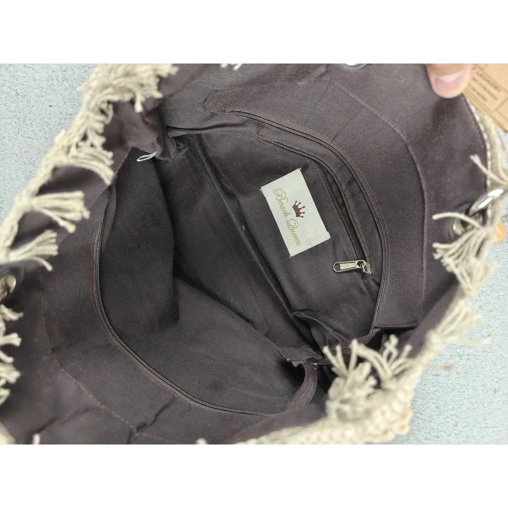 Beach Queen Tote Bag Womens Large Beige LOVE Shell‎ Bamboo Handles Woven Beach